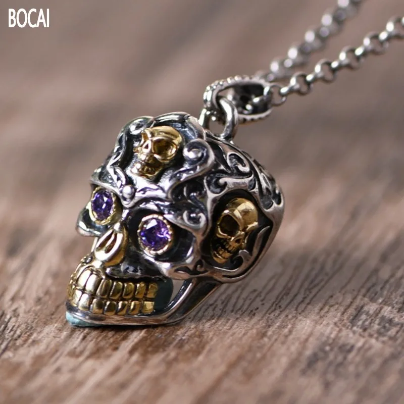 

BOCAI 2021 New Real S925 Silver Jewelry Vintage Golden Skull Pendant for Man Punk Man Pendant