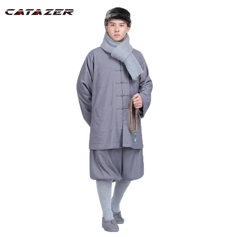 

Winter Buddhist Monk Warm Cotton Wool Robe Uniforms Zen Abbot Meditation Lay Coat Martial Art Suits