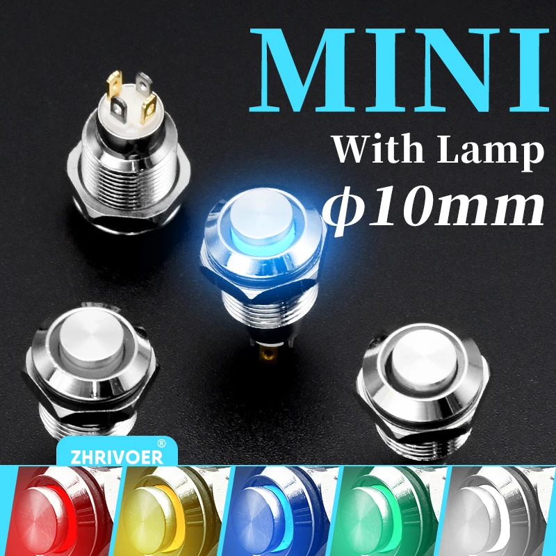 10mm Metal Push Button Switch with LED Indicator Self-reset Momentary Self-locking Latching 4 Pins High Head 3V 6V 12V 24V 220V