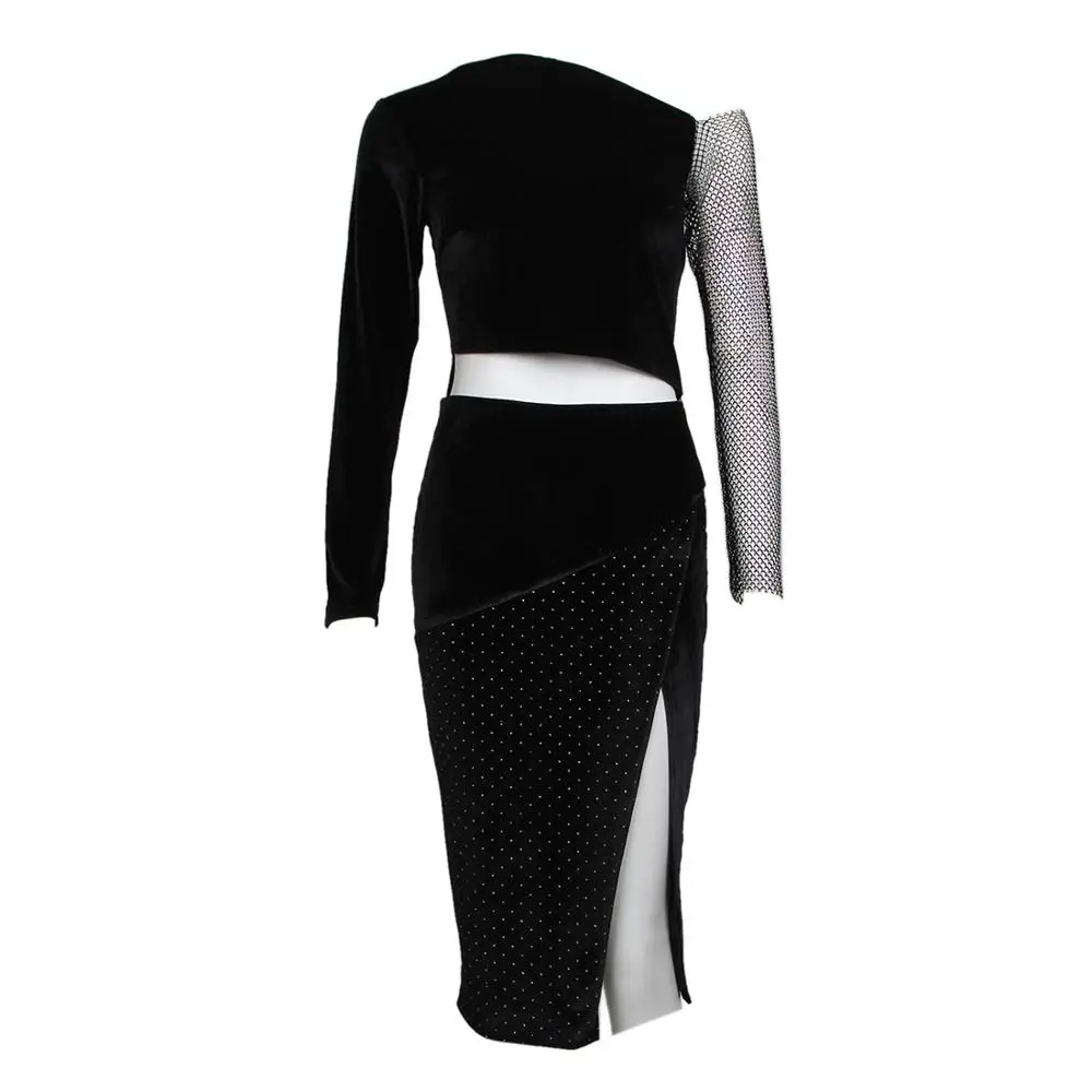 

New Women Dress Beading Long Sleeve Black Velvet Bodycon Midi Dress Party Club Celebrity Ladies Clothing