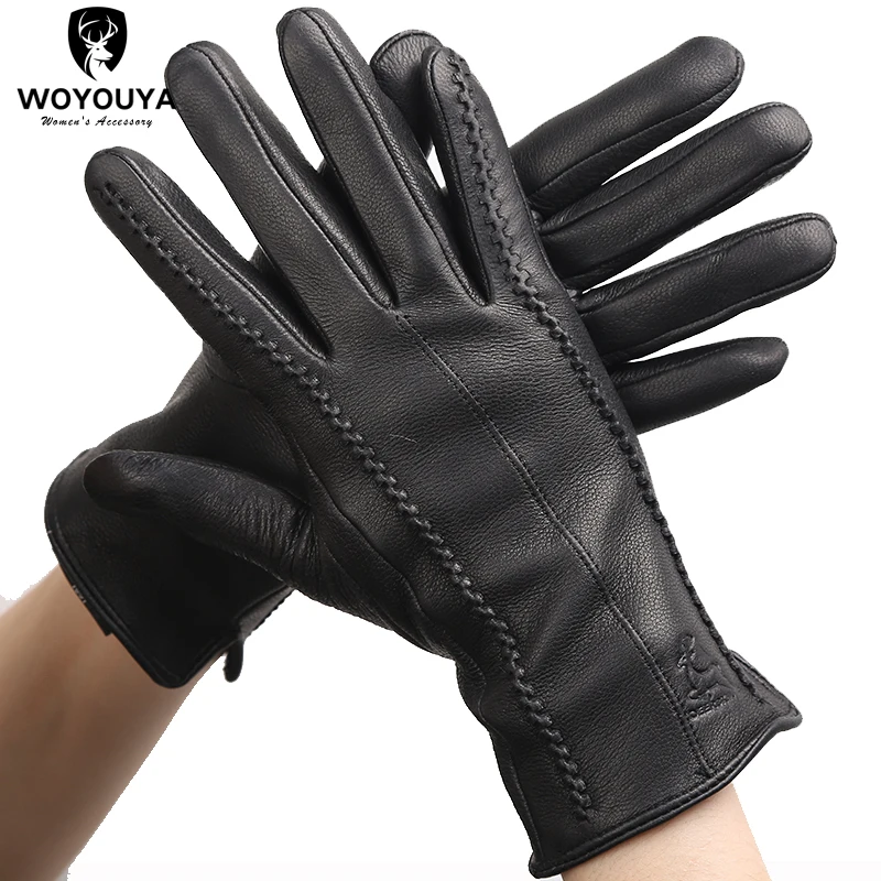 Winter Black Genuine Leather gloves women,Keep warm women\'s winter mittens, simple deerskin women leather gloves/2226F