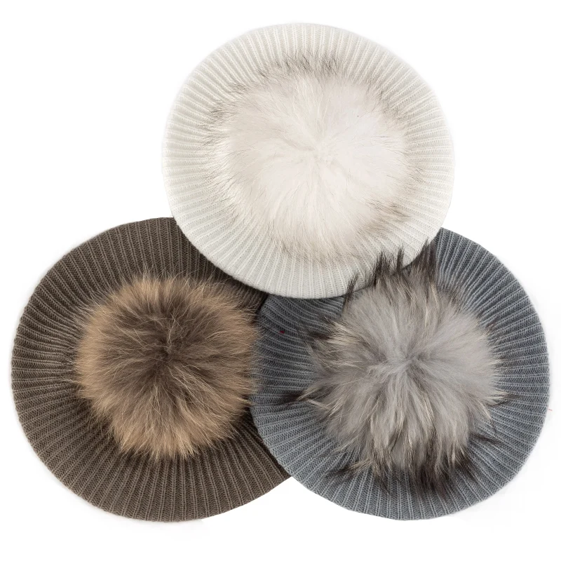 

Retro French Acrylic Beret Hat For Women Winter Autumn Winter Solid Color Fashion Cap Korean Vintage Raccoon Fur Pompom Berets