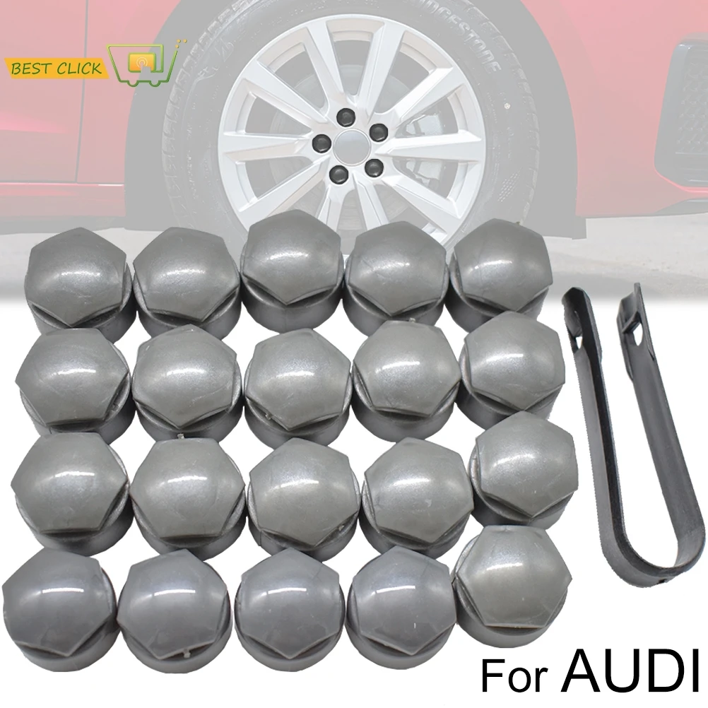 20pcs Wheel Lug Nut Cover Caps 25mm Water Proof w/ Dismantle Tool Grey For Audi A1 A2 A3 A4 A5 A6 A7 A8 Wheel Bolt Screw Cover