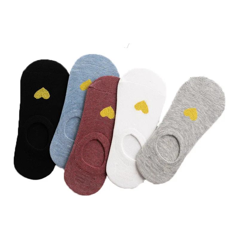 Chaussettes courtes antidérapantes en coton pour femme, 5 paires, chaussons invisibles noirs, en forme de cœur, pour fille, collection printemps et été