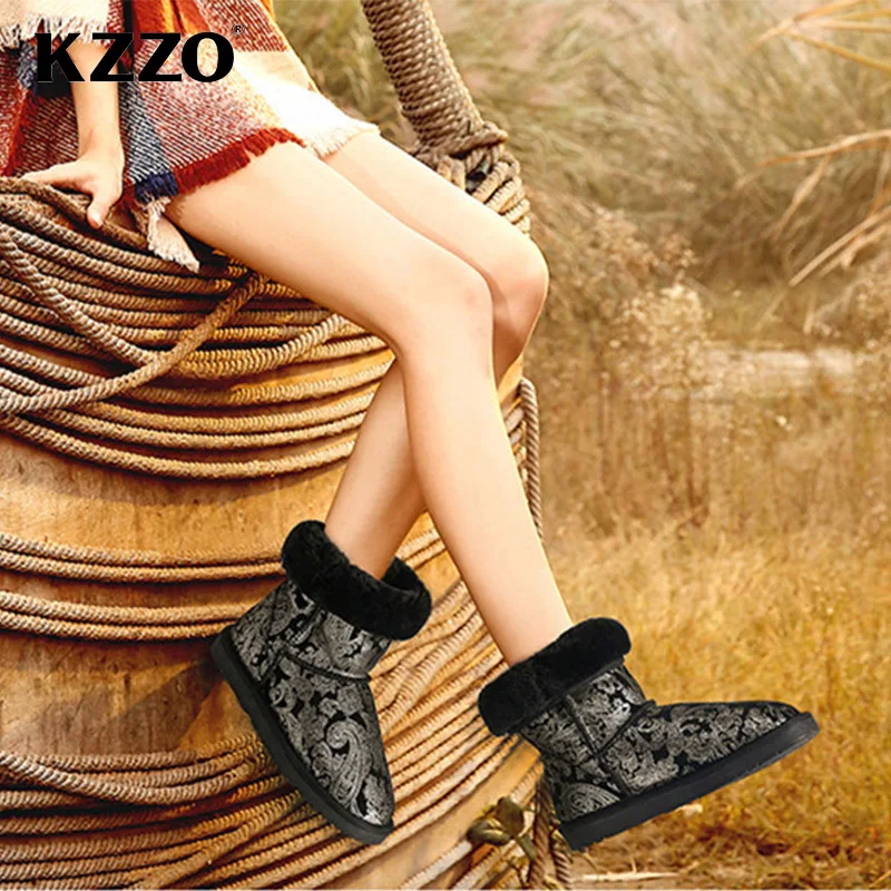 KZZO High Quality Australia Classic Genuine Leather Women Snow Boots Natural Wool Fur Lined Short Winter Warm Shoes Non-slip