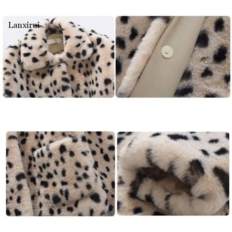 Frauen Beige Faux Pelzmantel Outwear Taste Warme Dick Drehen Unten Kragen Tasche Leopard