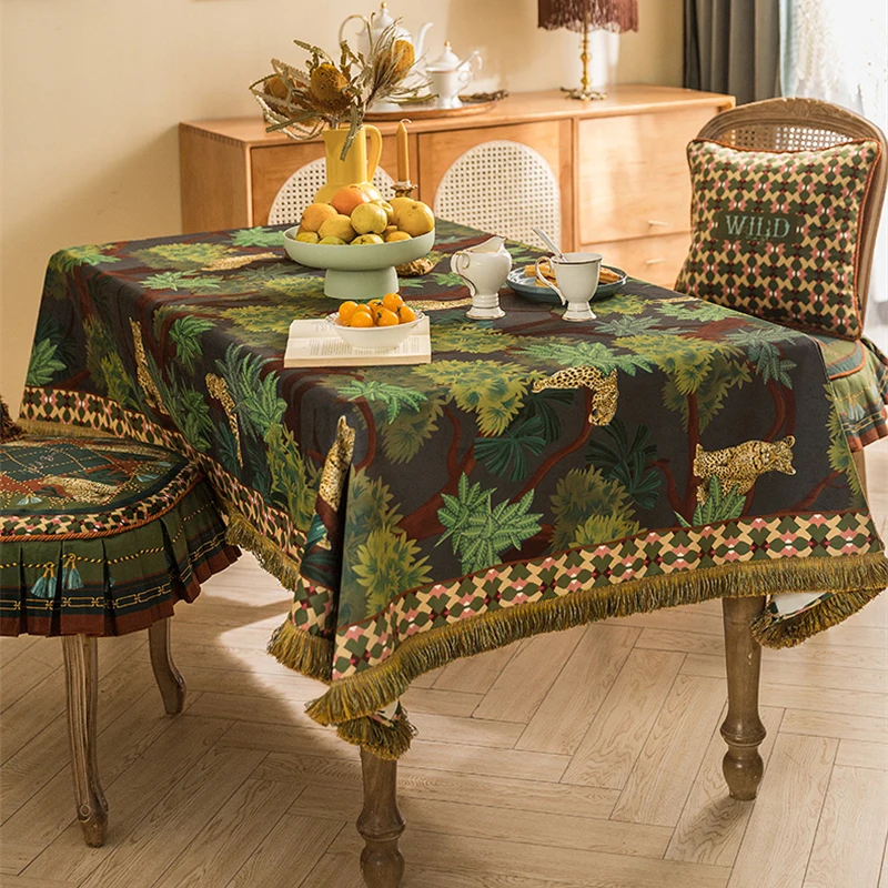 Retro Waterproof Tablecloth Home Decoration Green Jungle Cheetah Short Fluff Delicate Luxury Rectangular Tablecloth