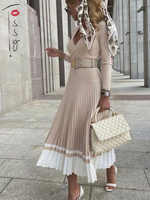 Tossy Women Ribbed V-neck Fold Knitted Max Dress Ladies Skinny Sexy A-line Dresses Two Color Patchwork Elegant Chic Vestidos