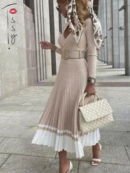 Tossy Women Ribbed V-neck Fold Knitted Max Dress Ladies Skinny Sexy A-line Dresses Two Color Patchwork Elegant Chic Vestidos