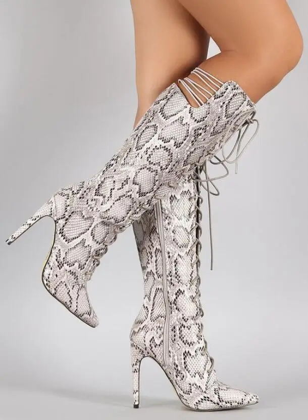 

Sexy Snakeskin Pattern Women Boot Cross-tied Thin High Heel And Pointed Toe Fashion Mid-calf Women Long Boots Shoes