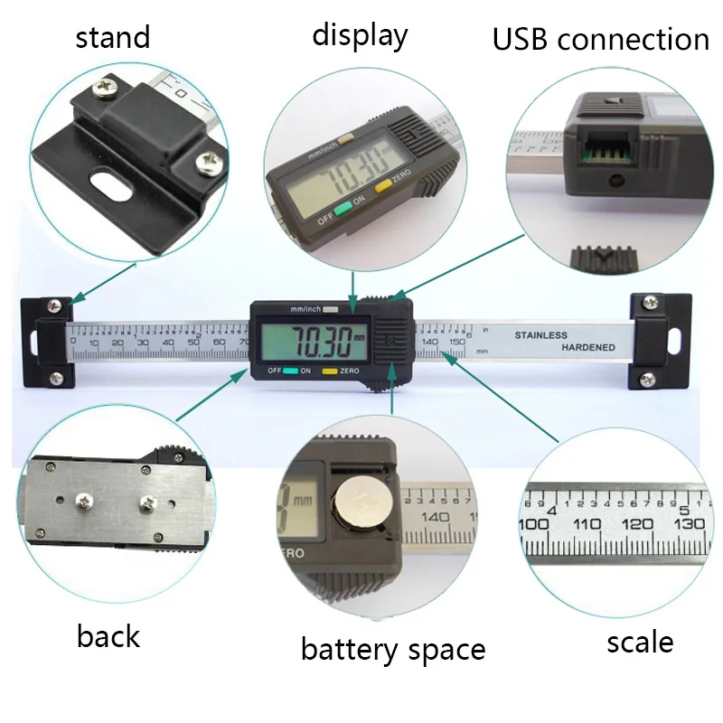 0-150/200/300/400mm Stainless Steel Digital Horizontal Scale Units Horizontal Electronic LCD Display Inch/MM Machinist Tools