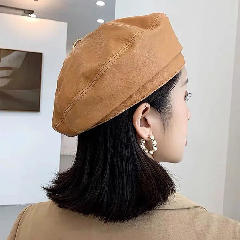 Spring/Winter 100% Real Leather Beret Hat Women Fashion European Pumpkin Painter Caps Female Rainbow Color White/Red Thin Boina