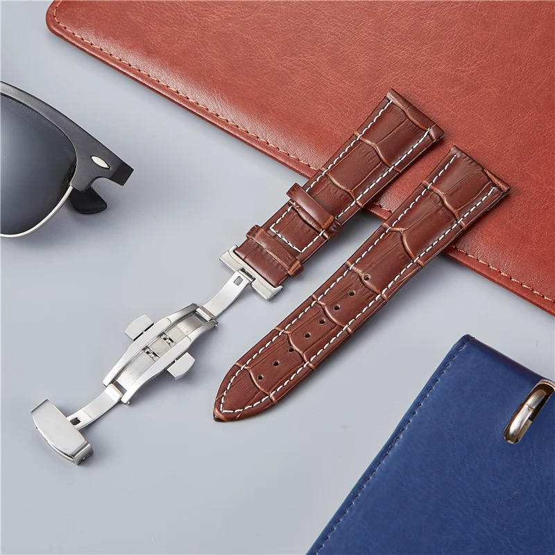 Casual Embossed Watchband 18mm 20mm 22mm 24mm Genuine Leather Strap with Double Press Butterfly Buckle Business Watch Band