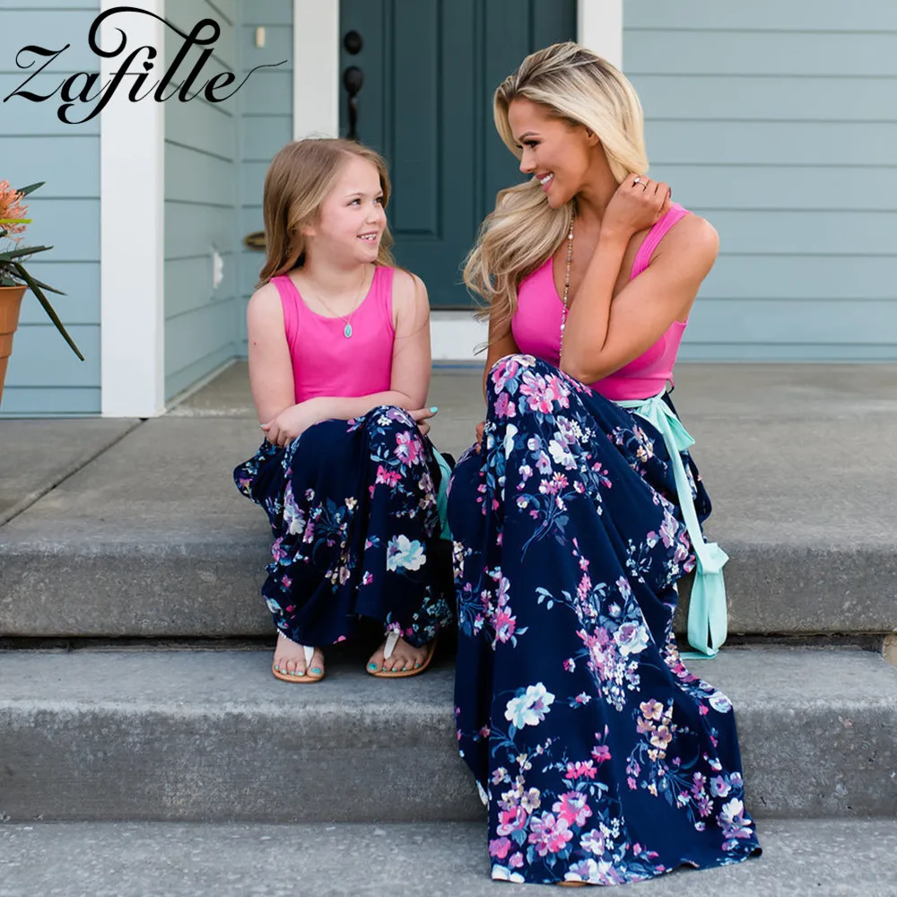 

ZAFILLE Mother and Daughter Matching Clothes Ankle-Length Belted Floral Mom Daughter Same Dresses Summer Mommy and Me Dress