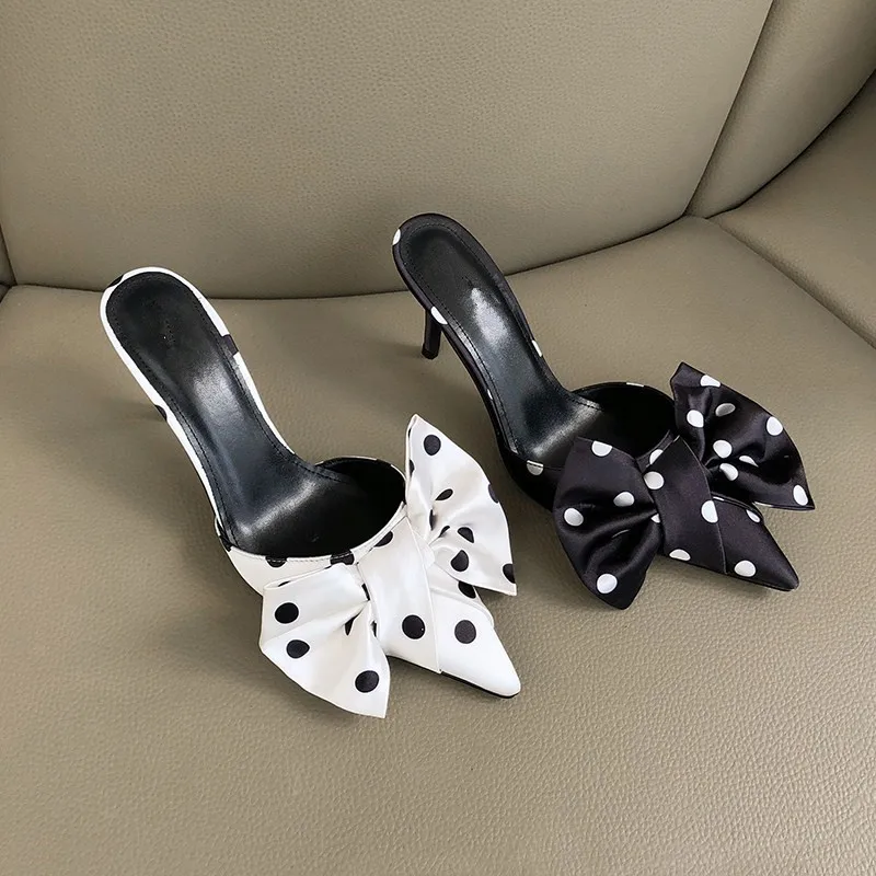 

Bow-knot Slippers Women Luxury Slides High Heels Sandalias Mujer Sexy Pointed Toe Leather Ladies Shoes Outside Zapatos De Mujer