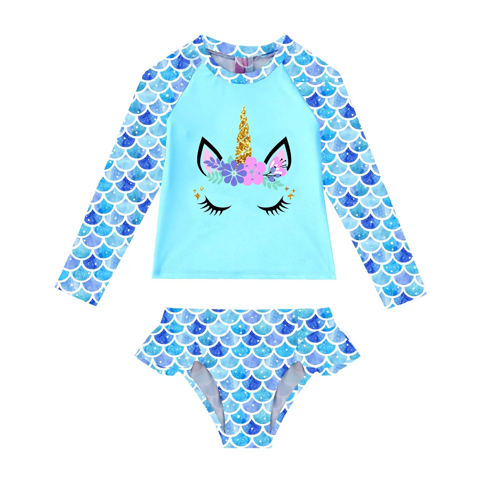 TiaoBug 2Pcs Kinder Mädchen Fisch Waagen Druck Schwimmen Anzug Rundhals Langen Ärmeln Cartoon Pferd Drucken Tops Und Briefs set Bademode