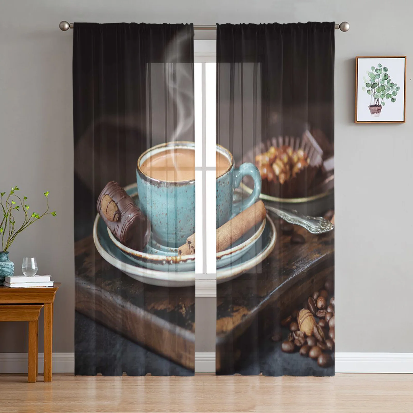 Coffee Cup Coffee Beans Modern Curtain For Living Room Transparent Tulle Curtains Window Sheer For The Bedroom Accessories Decor