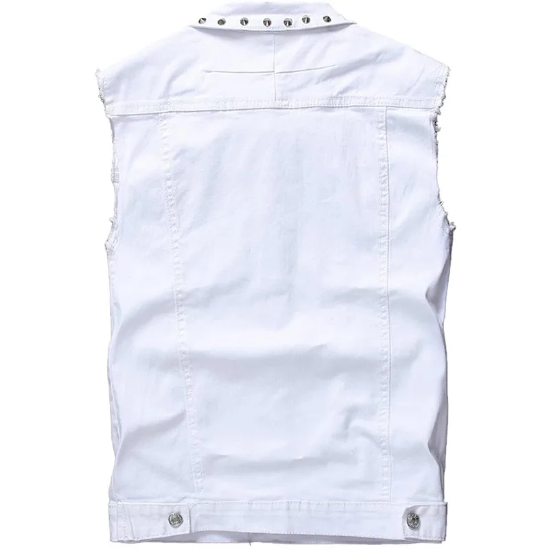 Idopy Mens White Denim Vest Single Breasted Rivet Party Stage Slim Fit L-5XL Studded Waistcoat Cotton Jacket For Male Plus Size