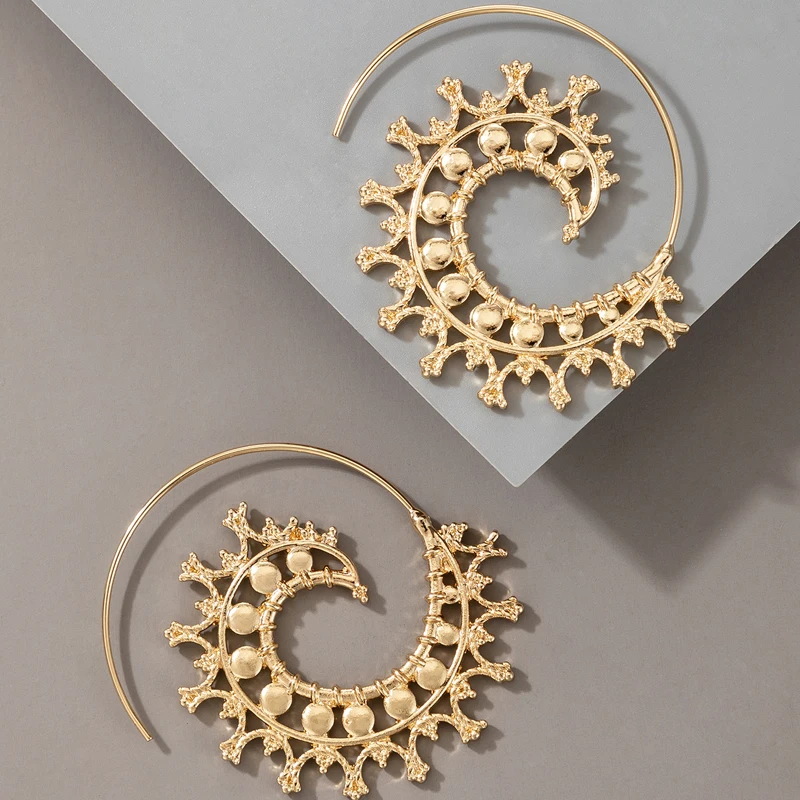 Tocona Vintage Star Spiral Earrings for Women Gold Color Alloy Metal Hollow Geometric Gypsy India Jewelry Gift Accessories