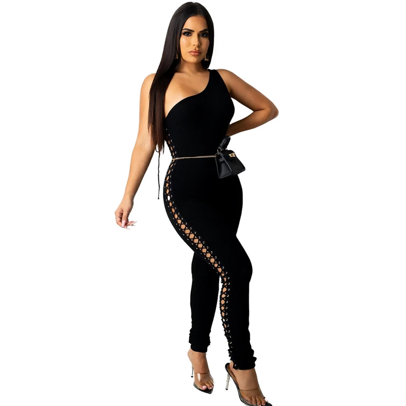 Sexy Grommet Lace Up Ribbed Skinny Jumpsuit Women Solid White Black One Shoulder Sleeveless Bandage Overalls Knitted Tracksuit