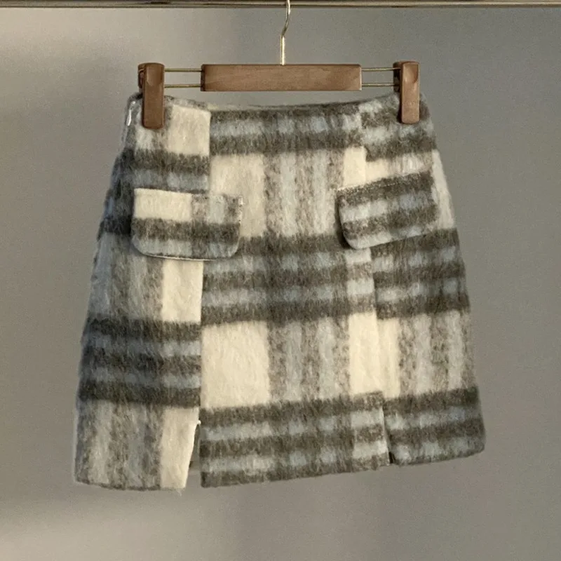 2022 frühjahr Weiblichen Plaid Woolen Anzug Zwei Stück Sets Hohe Taille Mini Rock Saison Wolle-mischungen Kurze Jacke Oberbekleidung Streetwear