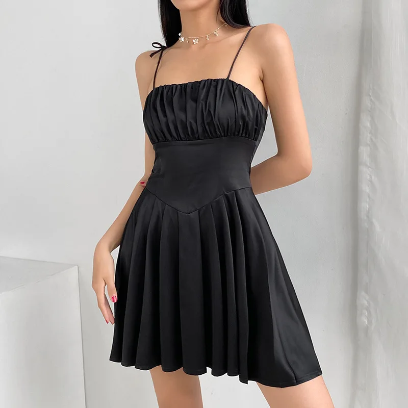 2021 Women Fashion A-Line Ruffled Solid Suspender Mini Dress Summer Vintage Pleated Sundress Sexy Party Slim Black Dress