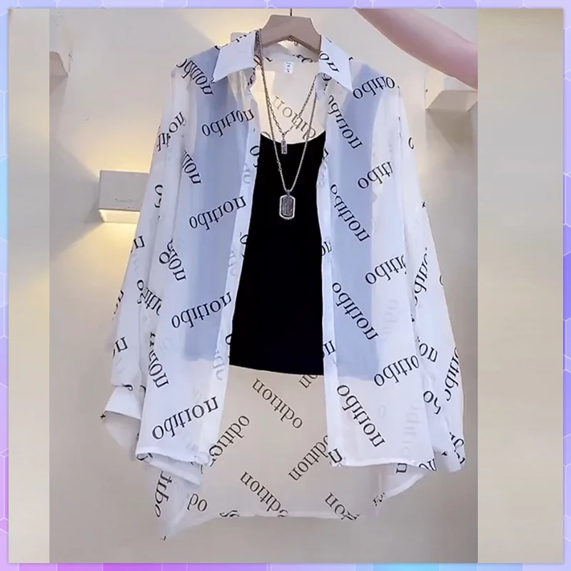 

Women's Chiffon T-shirt Letter Plaid Tee Shirts Female Summer Loose Top Long Sleeve T-shirts See Through Thin Tops Coat