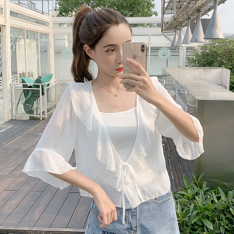 Pearl Diary Chiffon Blouse Bow Tie Front Ruffle Neckline And Sleeve Summer Drapey Sheer Blouse Beach Casual Chiffon Cover Up