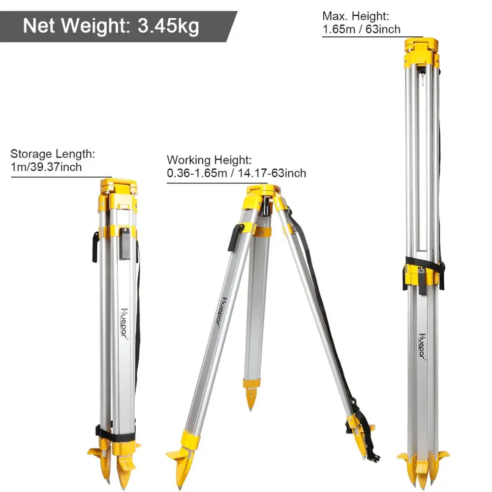 Imagem -02 - Huepar-tripé Pesado Profissional Empreiteiro de Cabeça Chata 1.65m 65 Alumínio Nível Óptico Automático Laser Rotativo
