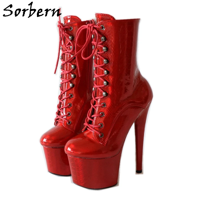 Sorbern 17Cm Red Snake Holo Boots Women For Pole Dancers Lace Up Platform Heels Custom Colors Buckles Ins Fashion Shoes Ladies