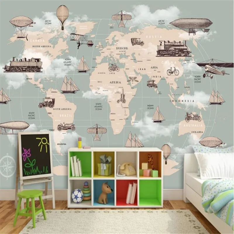 

Nordic Cartoon Hand-painted Transportation World Map Background Wall Paper 3D Children's Room Home Decor Mural Wallpaper 3D