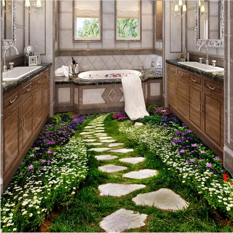 Customize any size wallpaper 3d PVC flooring photos murals non - slip waterproof garden plants flowers path toilet bathroom Обои