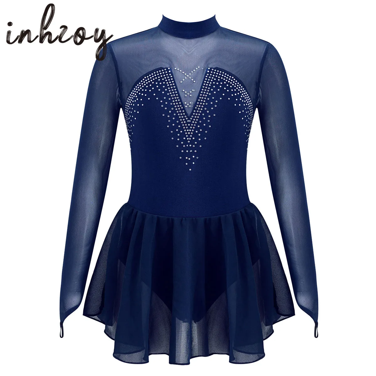 Girls Rhinestone Mesh Long Sleeve Dance Dress Figure Skating Artistic Gymnastic Training Performance Ballet Dance Leotard Dress