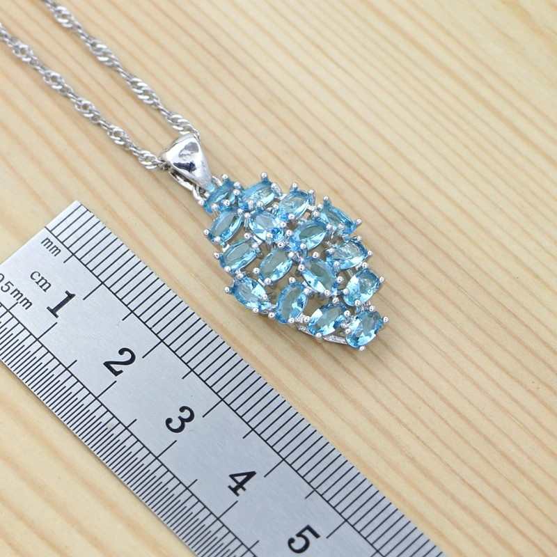 Geometric Jewelry Set 925 Silver Jewelry Sky Blue Cubic Zirconia Earrings Ring Pendant Chain Bracelet Bridal Gift