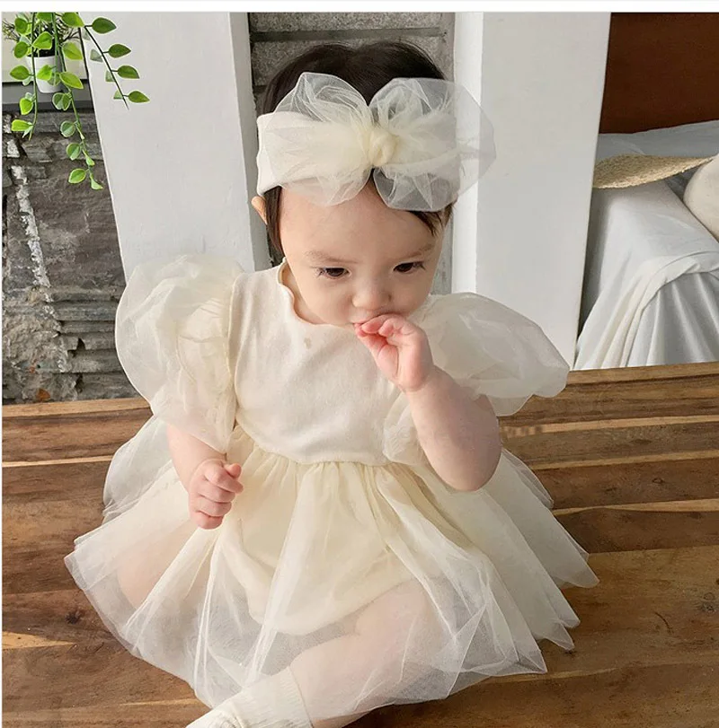 3-24 Months Princess Short Sleeve Romper Summer New Korean Baby Girl Bodysuit Toddler Infant Sleeve Puffy Tulle Dress KF527