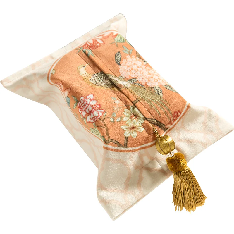 Chinese Traditional Bird Flower Painting Tissue Holder Cover, Tassel Light, Luxury Soft Velvet, Lucky Design, Napkin Storage