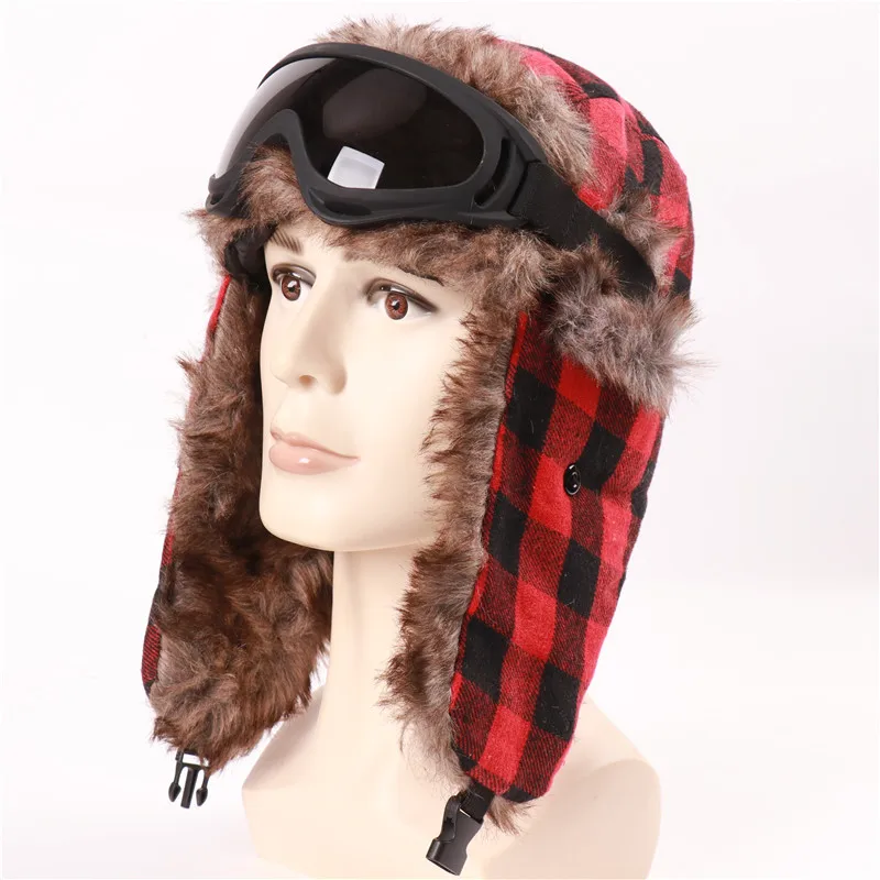 CAMOLAND Desain Kotak-kotak Musim Dingin Pembom Topi Wanita Pria Panas Faux Berber Bulu Earflap Cap Bahasa Rusia Ushanka Topi dengan Kacamata