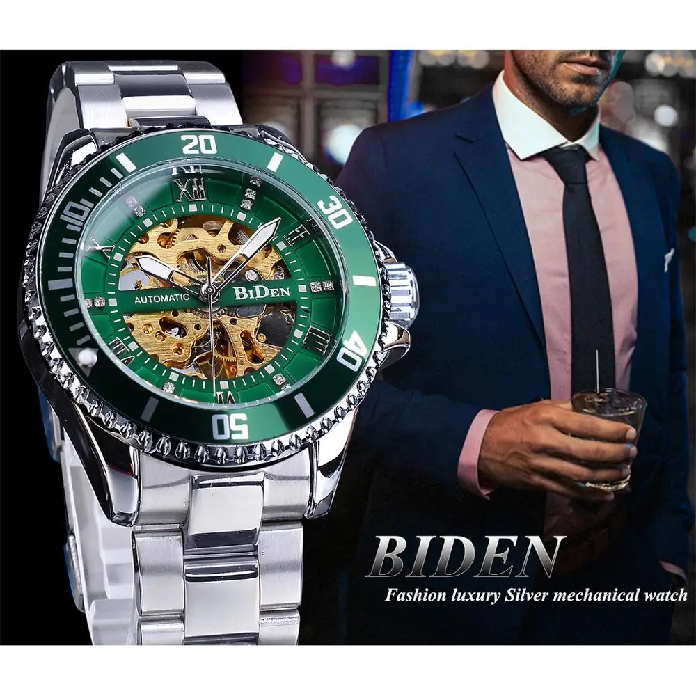 BIDEN Green Skeleton Dial Diamond Design Automatic Watch Waterproof Stainless Steel Luminous Hand Men Business Mechanical Watch