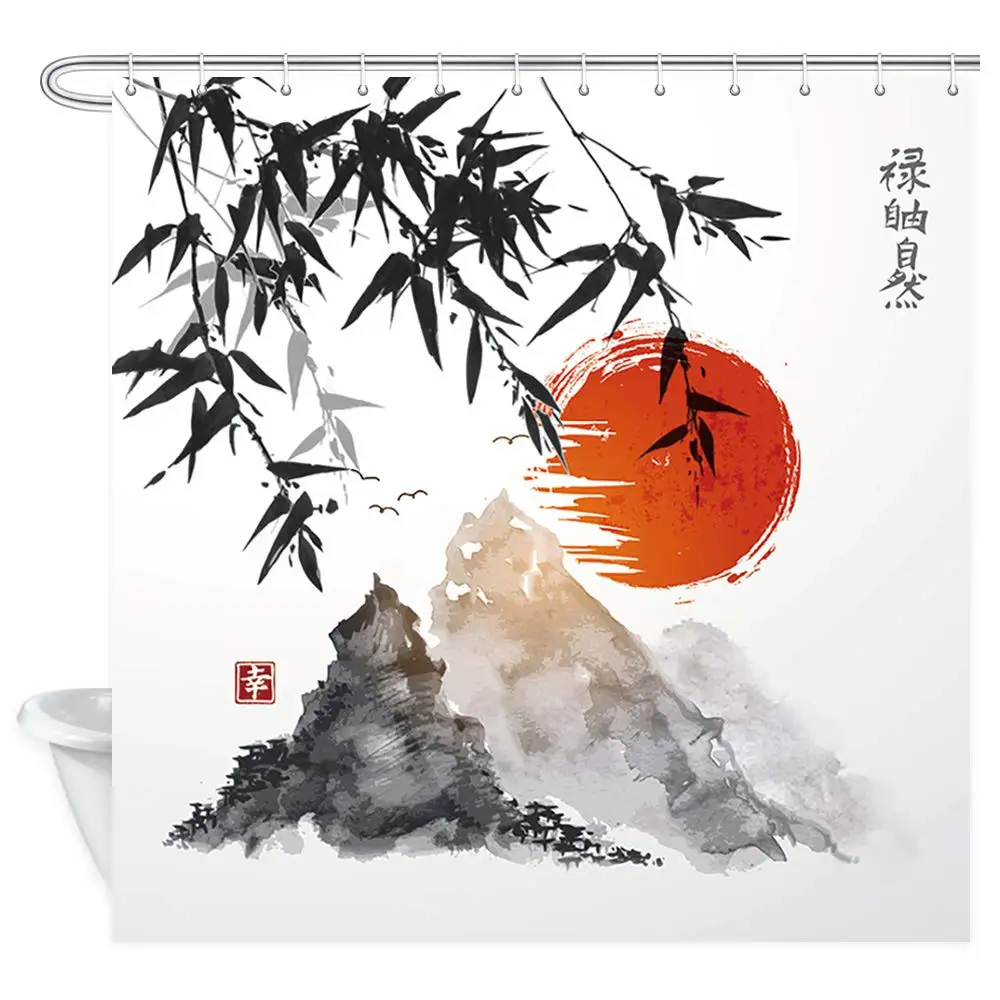 Japanese Bamboo Trees Sun and Mountains Bath Curtain