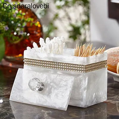 Luxury Rhinestone Resin Bathroom Accessories Set Bathroom Tray Bathroom Kit Tea Tray Cotton Swab Box Toothpick Box Cosmetic Case