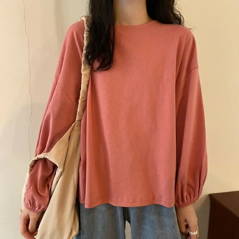 Solid Long Sleeve T-shirts Women Basic Tops Lantern-sleeve Baggy Tshirts O-neck Preppy Style Casual Candy Colors Korean Fashion