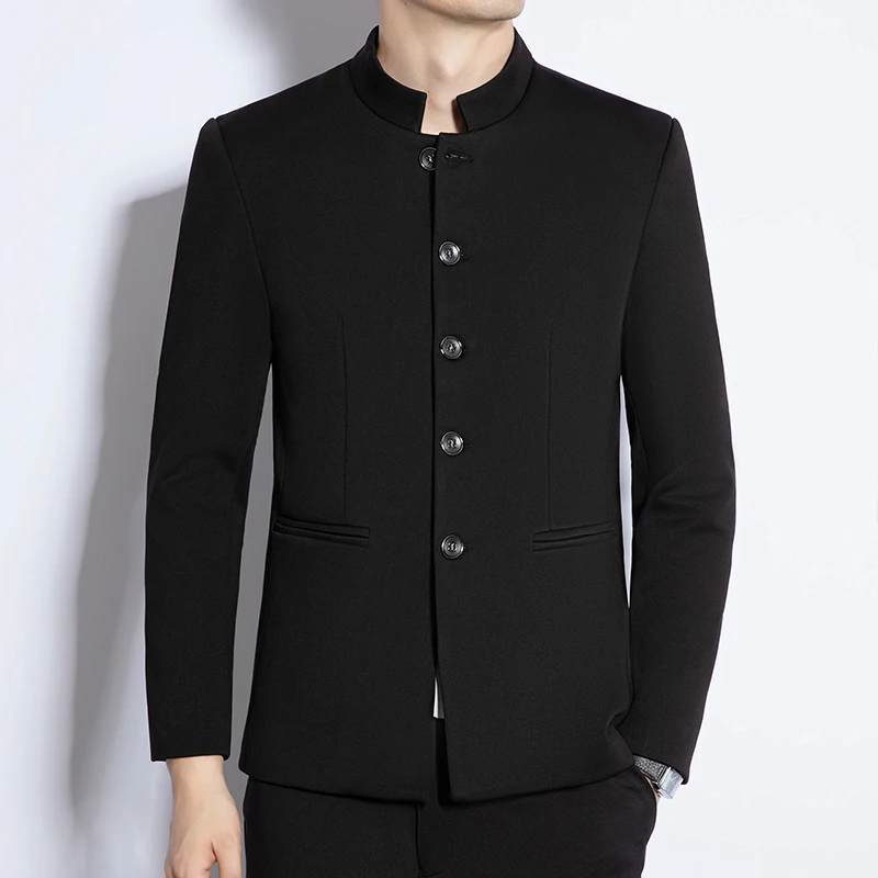 Stylish Clothing Mens Black Mandarin Collar Blazer Jackets For Mens Big Size Zhongshan Suits Chinese Fashion Big Size Husband