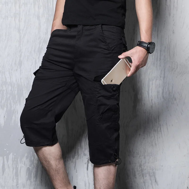 Summer Long Length Cargo Shorts Men Knee Multi Pocket Casual Cotton Elastic Waist Bermudas Male Military Style Hot Breeches