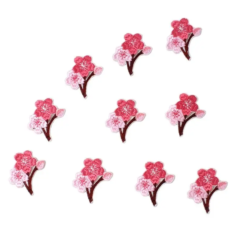 10pcs Embroidery Cherry Flower Patches Iron On Peach blossom Patch DIY Clothing Badge Sewing Fabric Appliques For Jeas Bags Hats