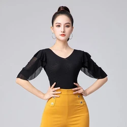 Women Latin Dance Tops Fashion Sexy Mesh Shirt Practice Clothes New Ballroom Dancing Profession Performance Female Clothing 3XL