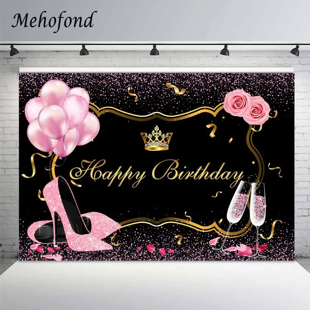 Mehofond Photography Backdrop Women Birthday Sweet Pink Rose Shiny Glitter High Heels Champagne Decor Background Photo Booth