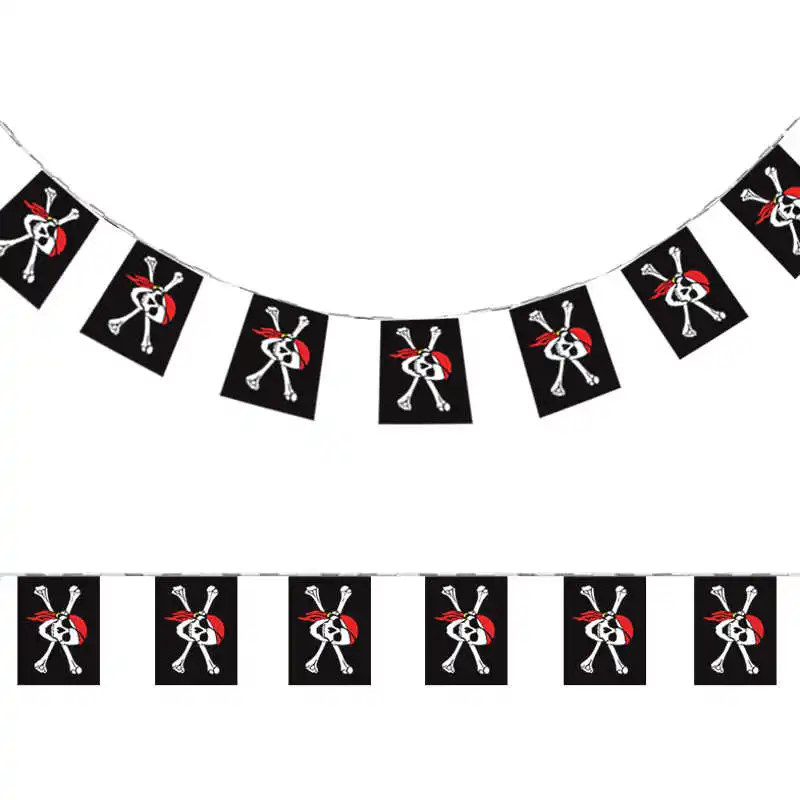 20 piezas bandera pirata colgante 14x21cm bufanda roja estampado de calavera negro 6M de longitud banderas y pancartas decorativas para fiesta en