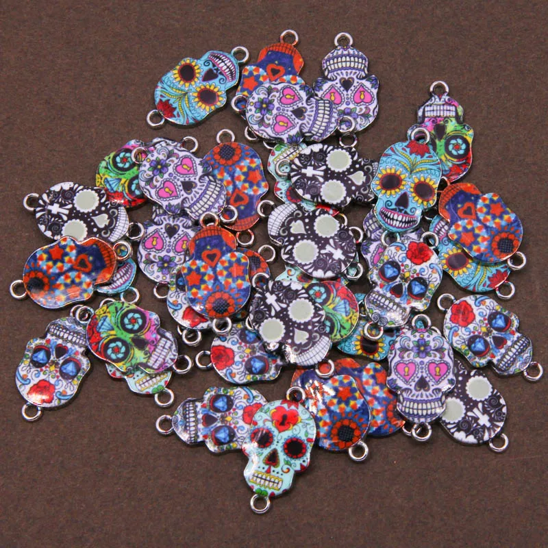 6pcs Silver Color Enamel charm Flower Skull Connector for The Jewelry Earrings Accessories Findings DIY 14*26*2mm wholesale