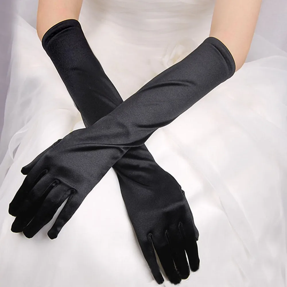 Stylish Bar 38cm Women Stretch Halloween Satin Gloves Ladies Elegant Vintage Evening Party Prom Long Gloves Black White Gloves