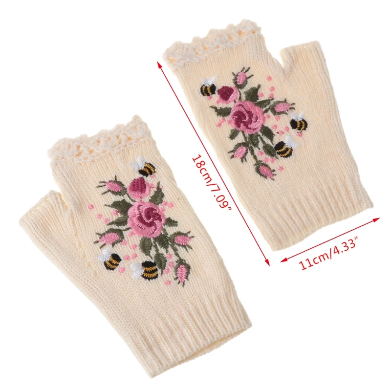 Guantes de punto sin dedos para mujer, manoplas con bordado Floral de abeja, con agujero para el pulgar, invierno, 649C